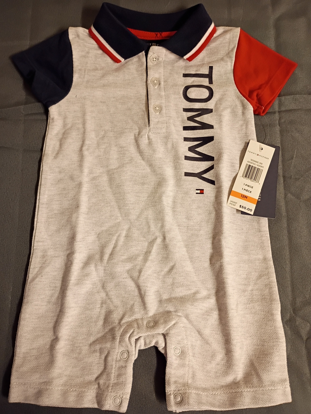 Tommy Hilfiger Grey Polo Romper with Navy & Red Sleeve Accents